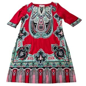Studio I Red Paisley Border Print Boat Neck Elbow Sleeve Shift Dress Size 14